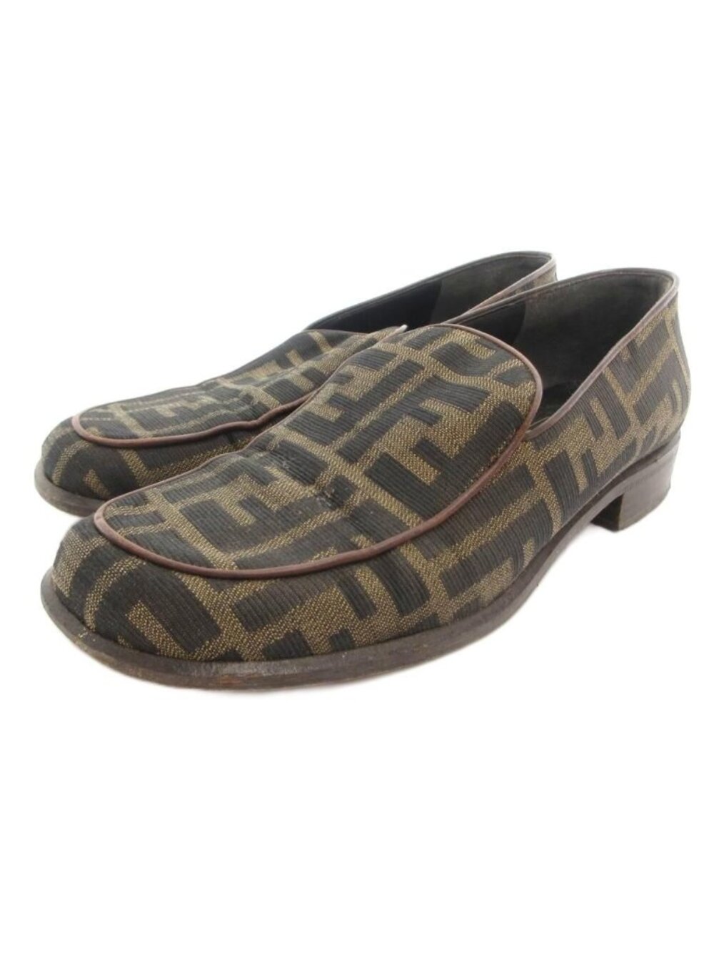 Fendi Loafers Shoes Zucca Pattern Canvas Square Toe Brown Black